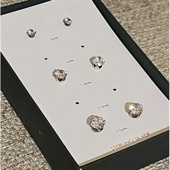 STERLING SILVER CUBIC ZIRCONIA CZ STUD EARRINGS SET Of 3 With BOX - Picture 7 of 8